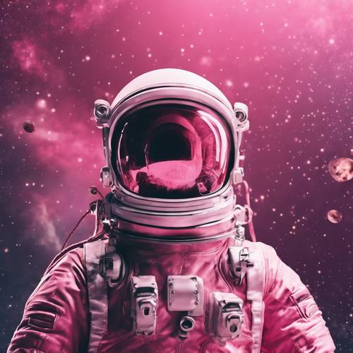 Ilustración estilo póster de película vintage de un astronauta con traje rosa