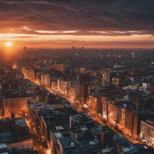 Sunset over a cityscape, as viewed from a high vantage point.
