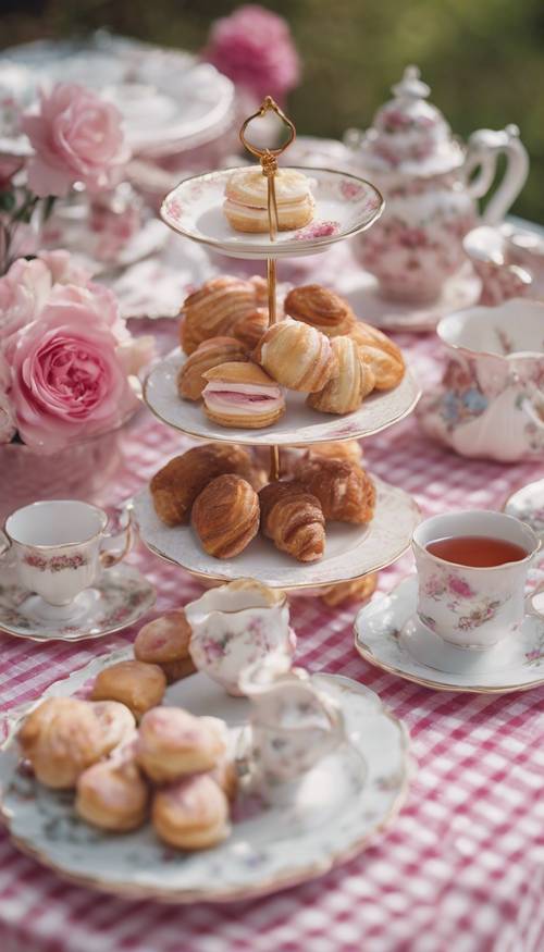Pesta teh kuno yang dilengkapi dengan taplak meja motif kotak merah muda, porselen putih, dan berbagai macam kue.