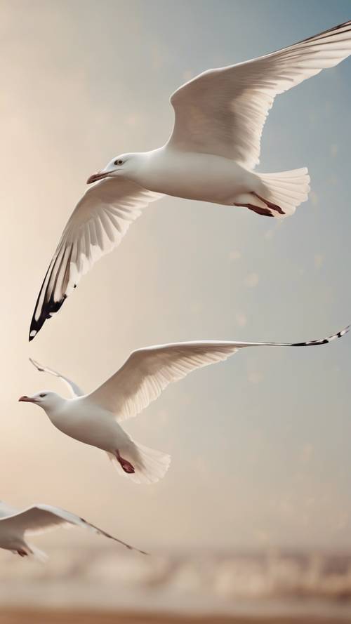 An abstract painting of white seagulls flying against a clear, beige sky at dawn.