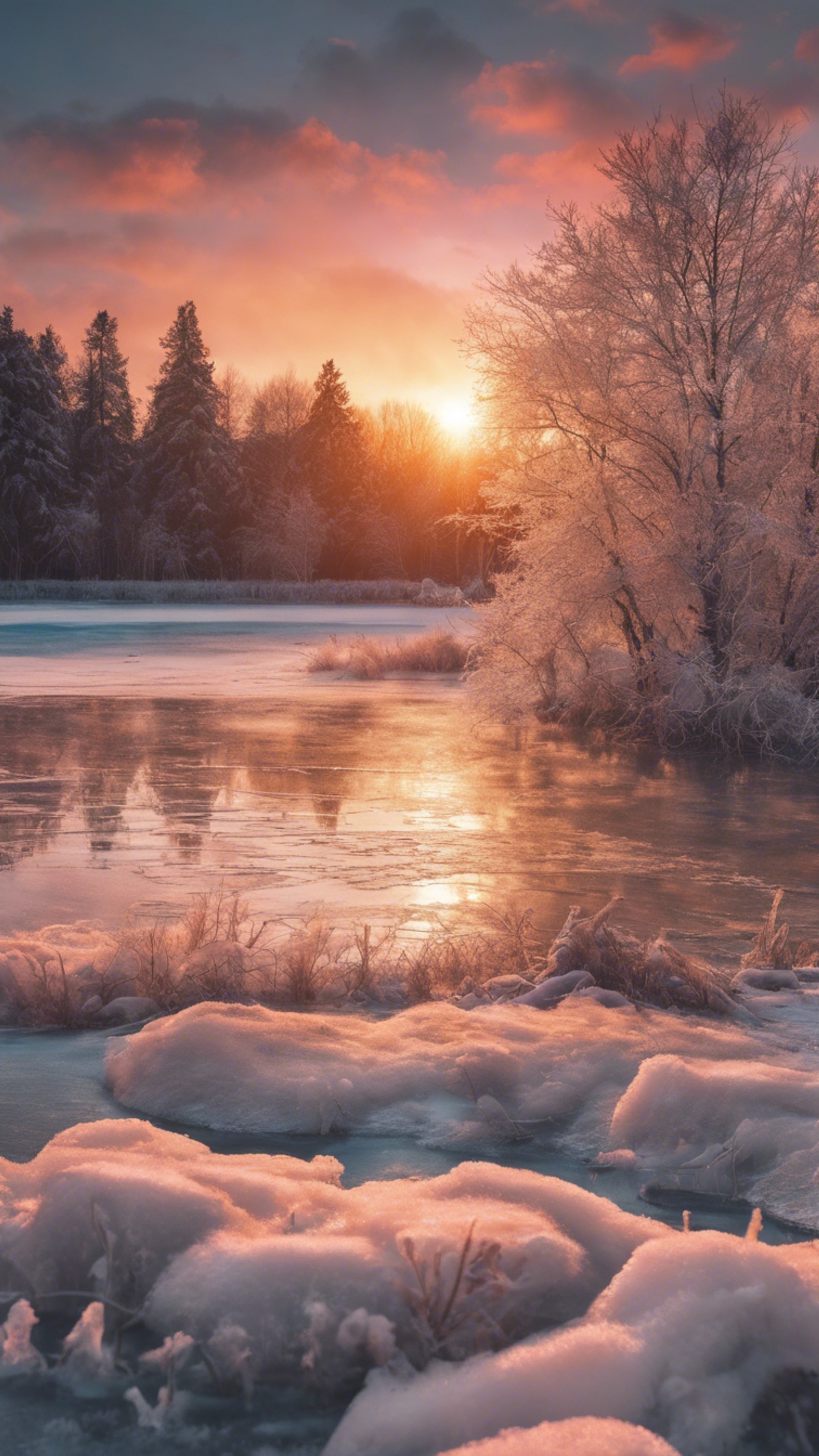 A vivid sunset over a frozen lake, turning the whole winter scene into a painter's palette. Wallpaper[cb553564e40840eb96b7]