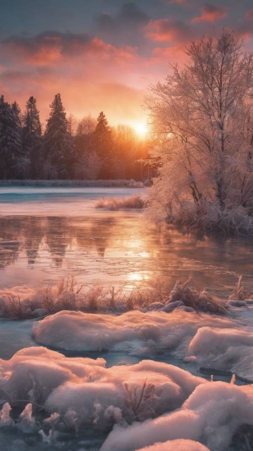 Un vivido tramonto su un lago ghiacciato, che trasforma l&#39;intera scena invernale nella tavolozza di un pittore.
