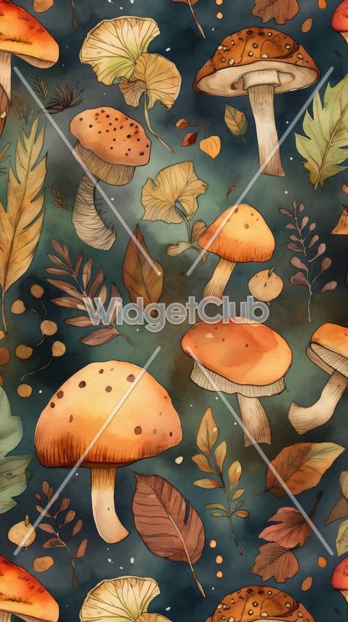 Whimsical Forest Mushrooms and Leaves Background