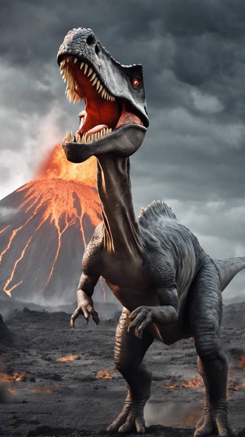 Dinosaurus abu-abu di latar depan dengan letusan gunung berapi yang berkobar di latar belakang.