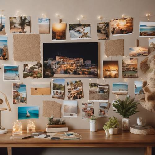 Um quadro de cortiça exibindo fotos das férias anuais de uma família em uma convidativa sala de estar. Papel de parede [1fcc01a696ef4b72aec1]