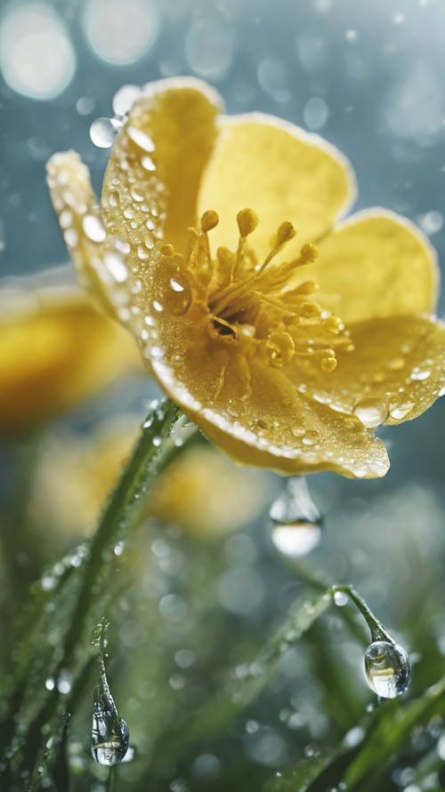 Um close-up de gotas de orvalho nas pétalas de uma flor de botão de ouro.