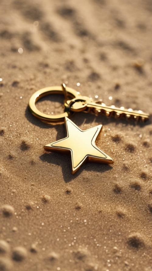 Un llavero de estrella dorada, perdida en la arena de una playa soleada, reflejando el calor del sol.
