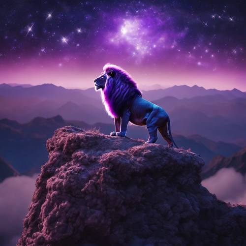 Un mistico leone viola in piedi sulla cima di una montagna, con un cielo stellato sullo sfondo.