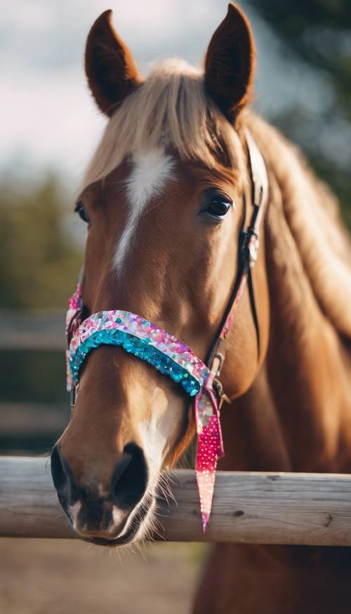 Foto close-up seekor kuda rapi dengan surai berkilau dihiasi busur warna-warni, berdiri di dekat pagar kayu.
