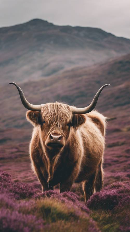 Kudłaty byk Highland stojący w szkockich wrzosach, w tle mglistych gór.