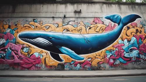 Un mural de graffiti que representa una feroz ballena urbana atravesando un muro de hormigón.