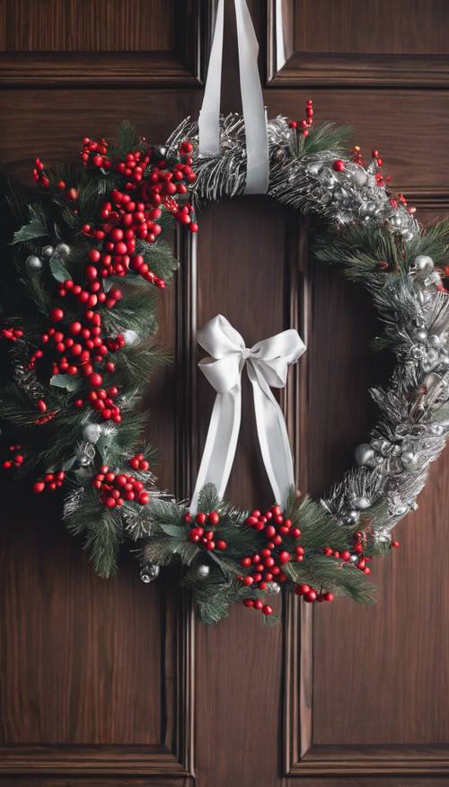 Una corona navideña blanca colgaba de una puerta de madera oscura, adornada con bayas de acebo rojas, adornos plateados y una cinta festiva.