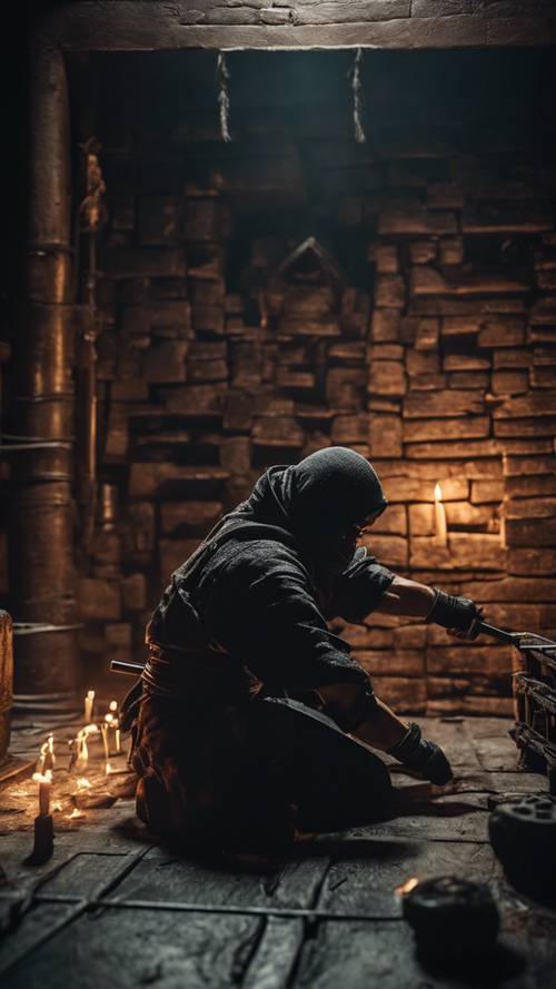 A dangerous scene of a ninja disarming traps in a dark dungeon.