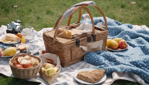 Widok z góry na schludny piknik z kocem w niebieskie kropki i koszami z jedzeniem.