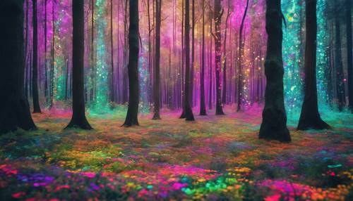 A virtual forest filled with geometric trees made of colorful, glitching pixels. Wallpaper [66ca382e2a2d458f91c4]