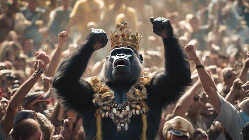 A stirring depiction of a triumphant gorilla king being crowned, amid a cheering crowd of his kind.