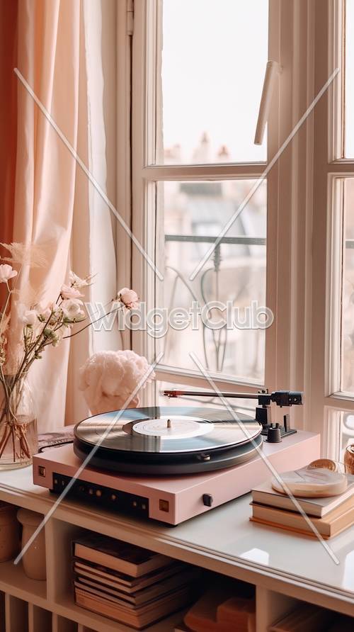 ピンクのレコードプレイヤーが映える晴れやかな部屋