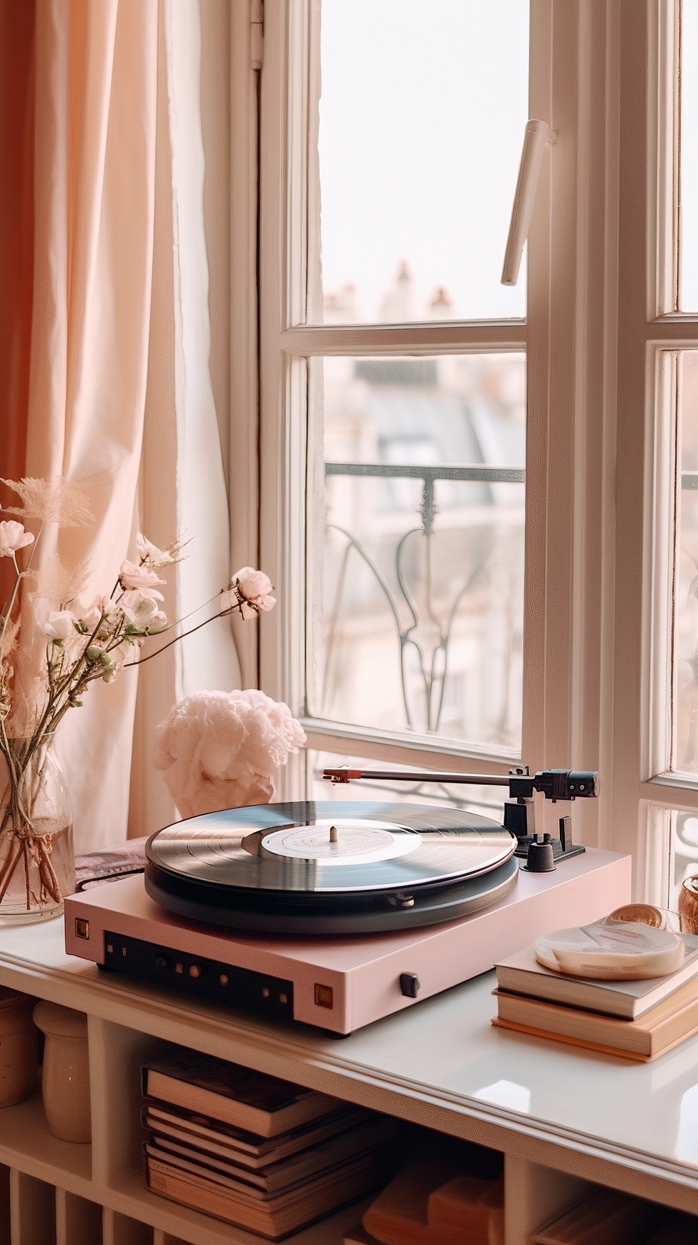 Sunny Room with Pink Record Player Wallpaper[5da5632618054b5eb165]