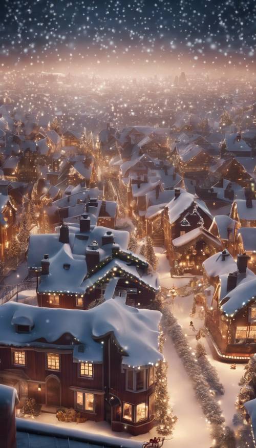 Rooftop view of Santa Claus landing his sleigh, with houses covered in sparkling Christmas lights below.