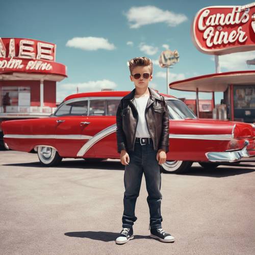 A cool boy wearing a greaser outfit, posing beside a candy-red vintage car at a '50s style drive-in diner.