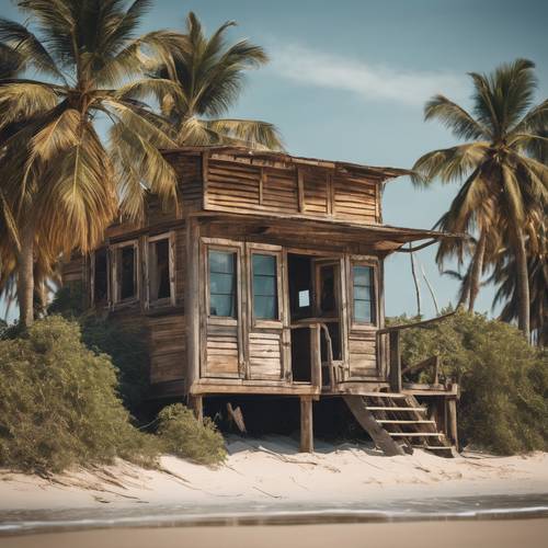 A classic, weathered beach shack against a backdrop of palm trees and the ocean, under the cloudless summer sky.