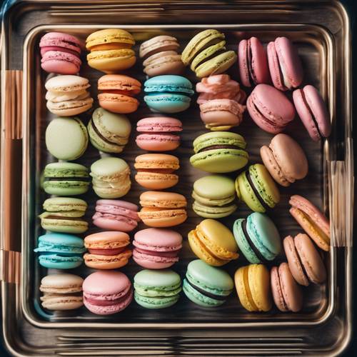 A tray filled with macarons featuring a beautiful piped striped design.