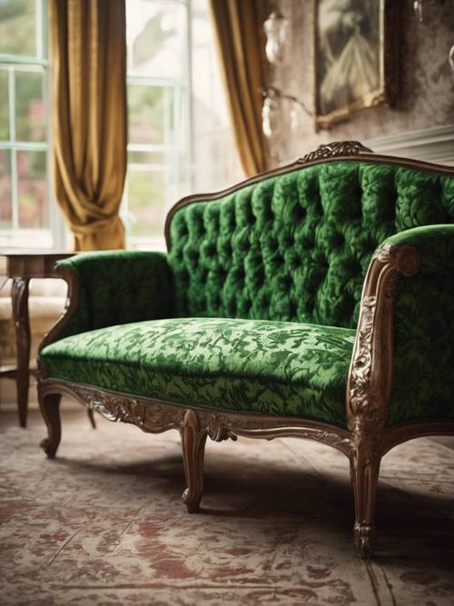 A vintage love-seat upholstered with green damask material in a Victorian era parlour.