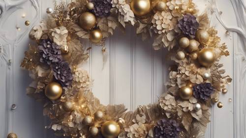 A festive Christmas wreath embellished with dried hydrangea blossoms and golden baubles.