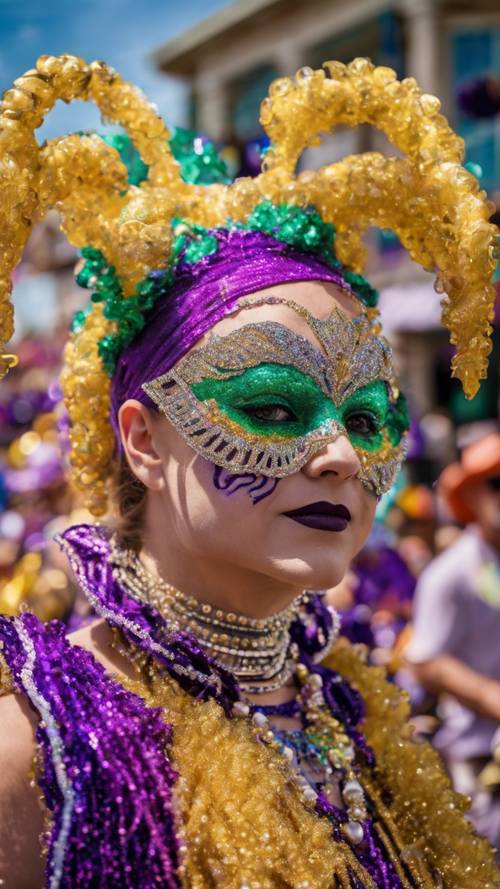 A vibrant Mardi Gras parade in Galveston with colorful floats and costumed performers.