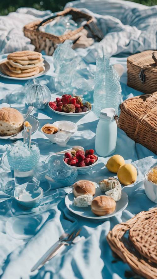 Ein hellblaues Picknick zum Thema Jahrtausendwende an einem sonnigen Tag