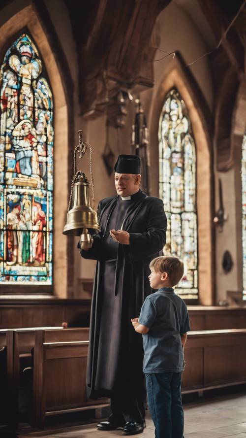 A priest and a young boy ringing the church bell together, faces filled with joy.