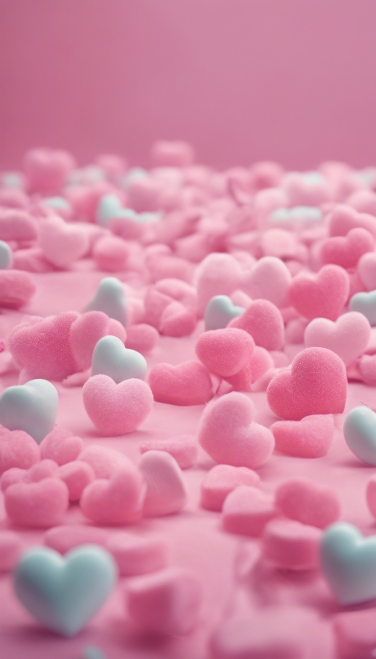 Fluffy pink hearts floating in a candy-colored pastel sky Wallpaper[d36b90b8f5264ba38457]