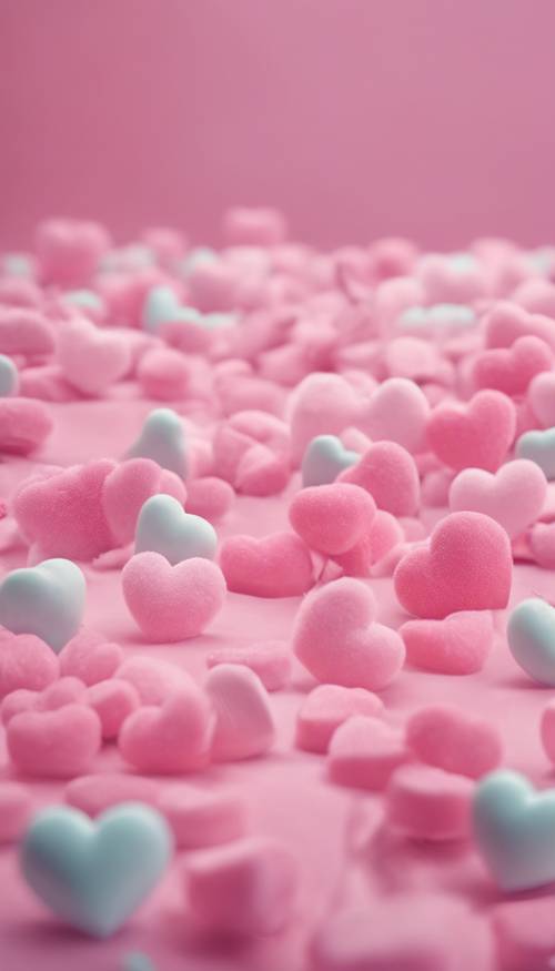 Puszyste różowe serca unoszące się na pastelowym niebie w kolorze cukierków