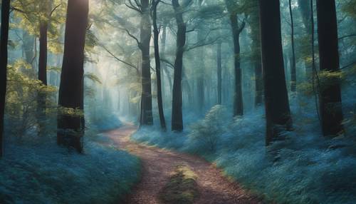 Un sentiero etereo che si snoda attraverso una fitta foresta blu, fiancheggiata da alberi alti e maestosi.