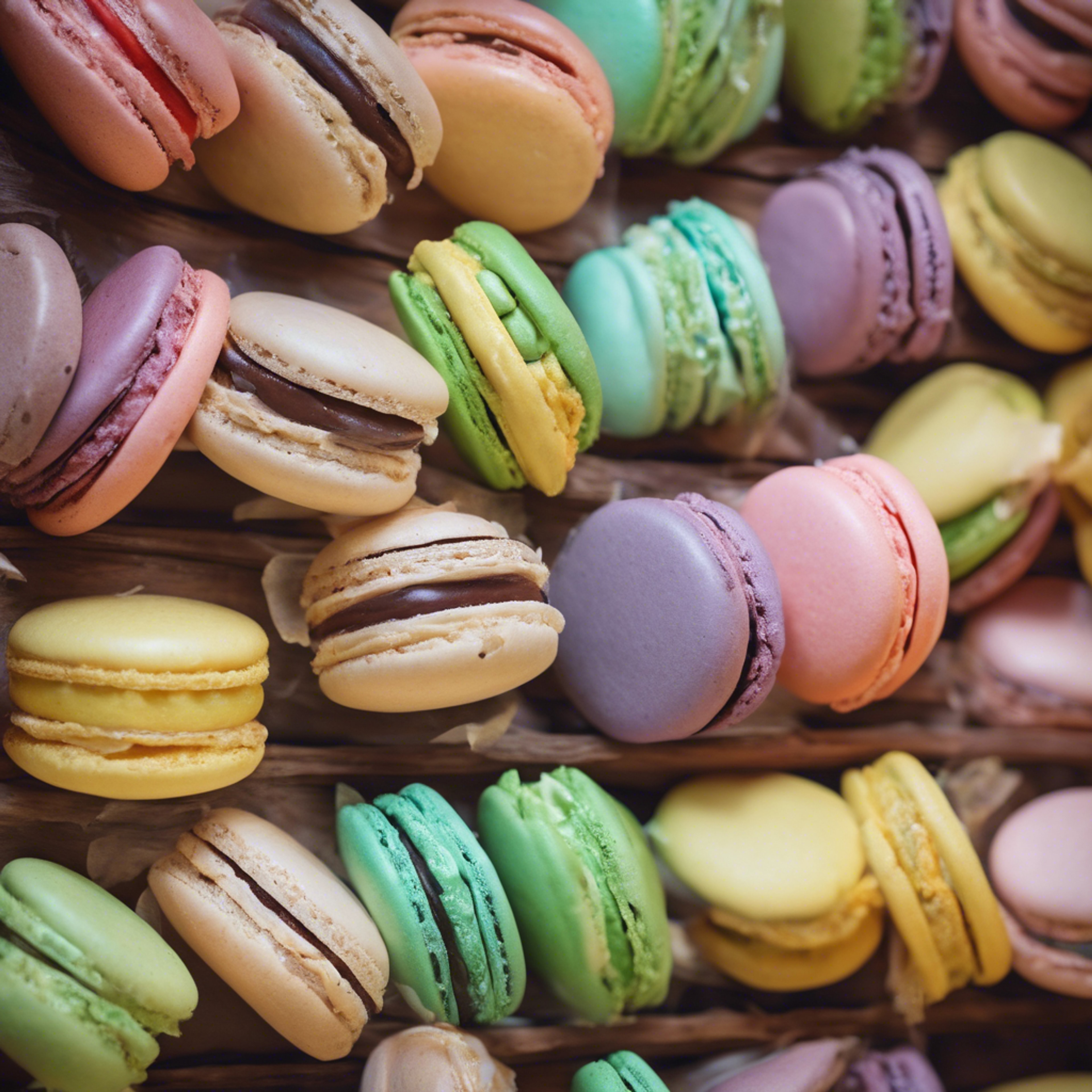 An old-fashioned nostalgic bakery displaying various colorful macarons. Wallpaper[50adf48075104113b6f7]