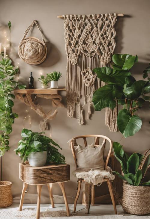 A rustic home-decor setting with wooden furniture, green potted houseplants and beige macrame wall hangings.