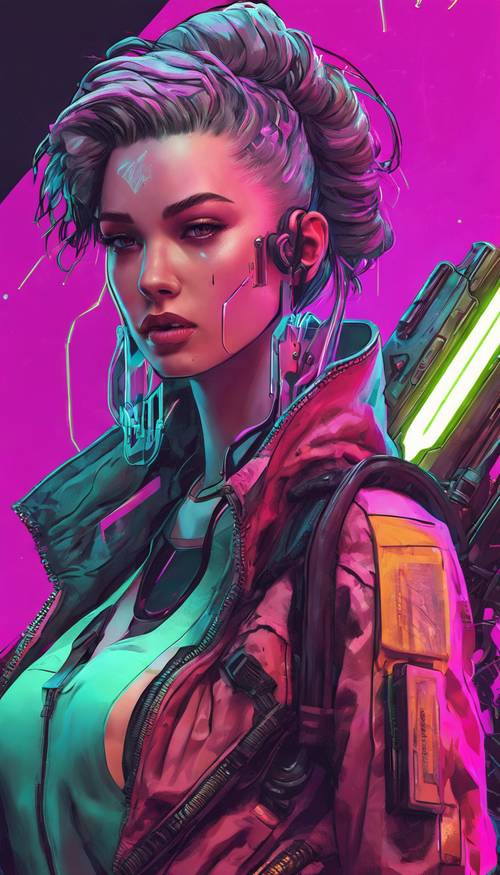 Un elegante personaggio femminile in abiti cyberpunk, con in mano un&#39;arma futuristica al neon.