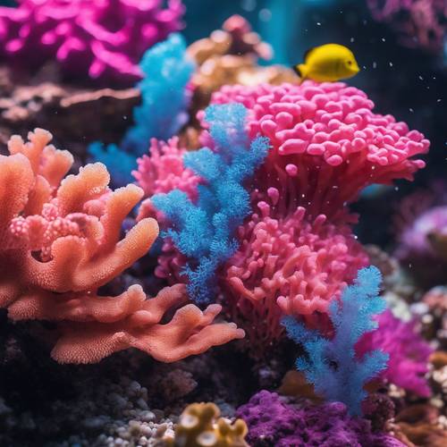 Canlı pembe ve mavi hayatla dolu, yaşayan bir mercan resifinin yakından ve kişisel görünümü