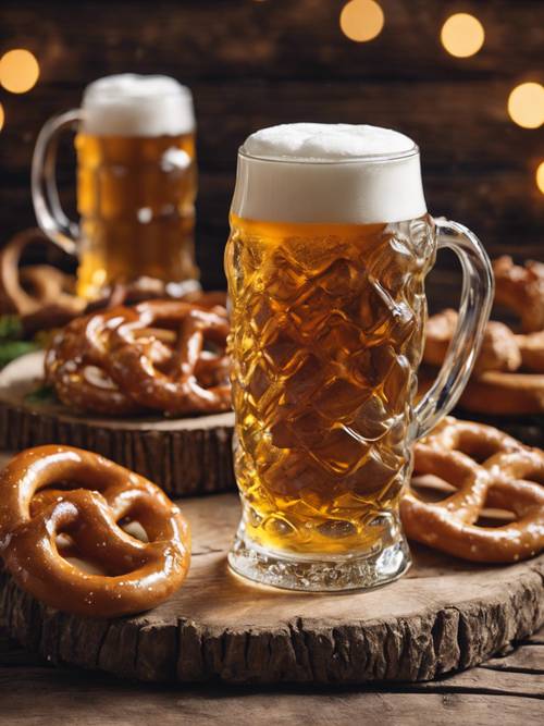 A foamy German beer, pretzels, and other Oktoberfest traditional foods on a rustic wooden table.
