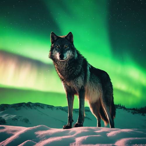 Silhouette of a gray wolf standing on a hill against green northern lights.