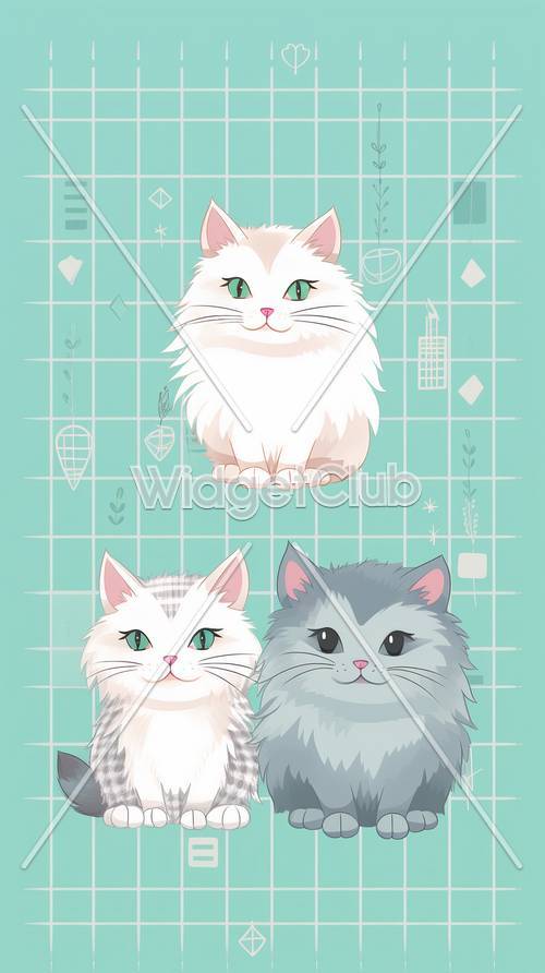 Cute Cartoon Cats on Teal Background