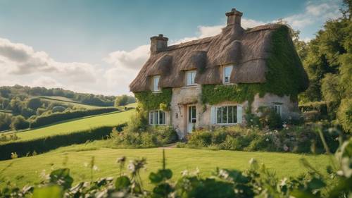 A cosy cottage nestled among lush, green fields under a clear blue sky.