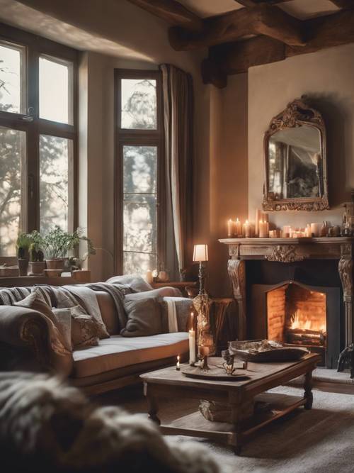 Uma sala de estar em estilo country francês, aconchegante e confortável, com lareira acesa, móveis antigos e luz suave de velas.