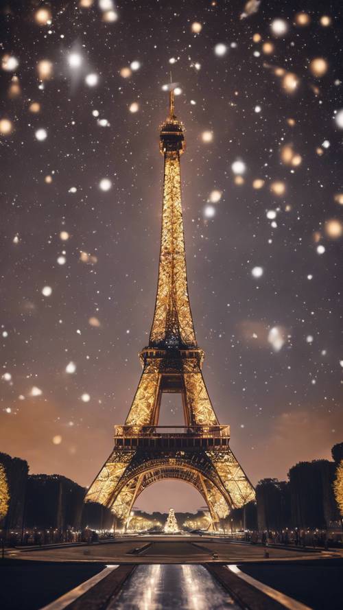 Une tour Eiffel parsemée de diamants sous des étoiles nocturnes scintillantes.
