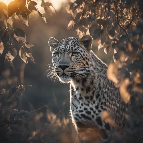 Grey leopard emerging from shadowed foliage, tinges of sunset caught in its glossy coat. Tapet [ef9a08e1476f4fe497a2]