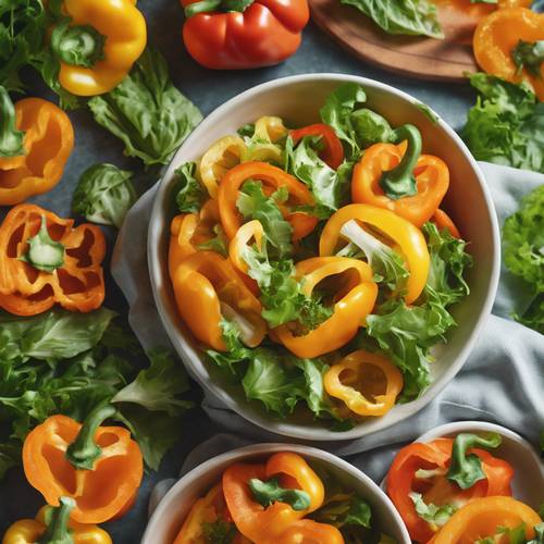 A bowl of green salad featuring slices of fresh orange bell peppers.