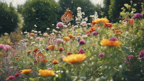 An English garden in July, filled with color as butterflies flutter from flower to flower.
