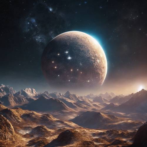 A mountainous planet under the gleaming light of its triple-star system. Tapeta [373882f3bee84003813c]