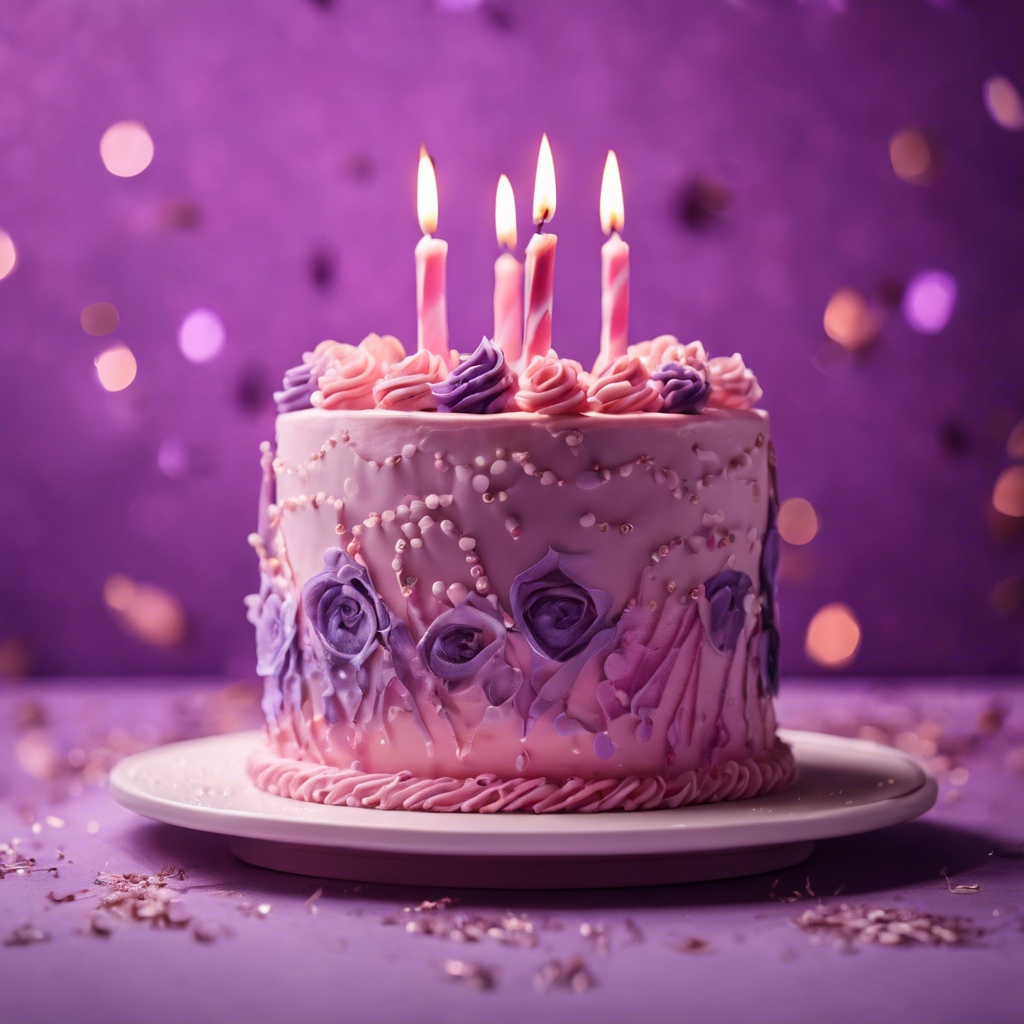 A pink and purple birthday cake with extravagant frosting designs. Tapeta[c7d97616172c406d9a57]