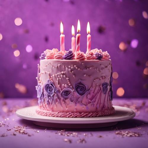 Um bolo de aniversário rosa e roxo com designs extravagantes de cobertura.